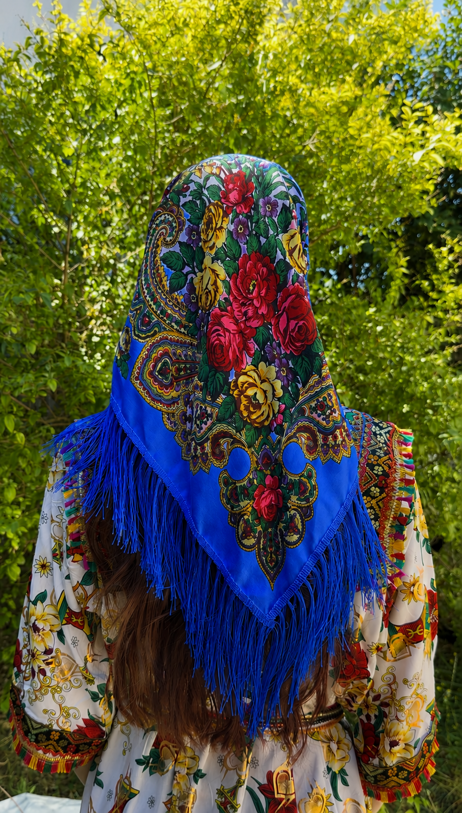Foulard kabyle traditionnel à franges bleu roi